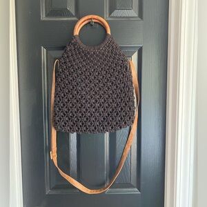 Sigrid Olson Purse Womens Black Macrame Bag Wooden Handles Retro Beach Coastal